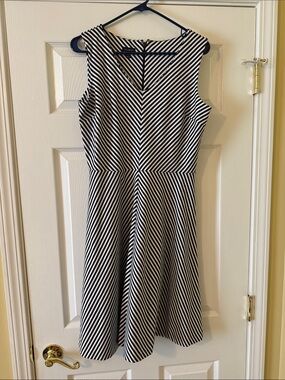 Talbots Black and White Striped Fit-and-Flare Dress